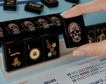 Floral Skull Custom Resin Mahjong American Set 166 Pcs, Black Gold Tile Backs, Travel Mahjong Available, Father Day Gift for Mom