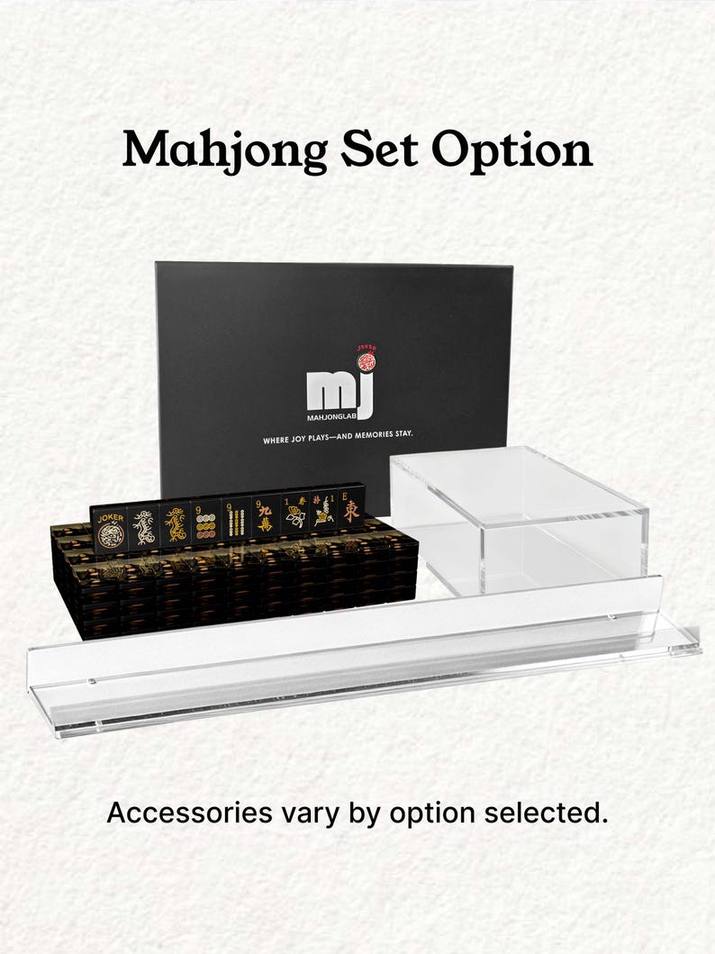 a set of mahjong tiles and a clear plastic case, with the text "Mahjong Set Option" and "Accessories vary by option selected."
