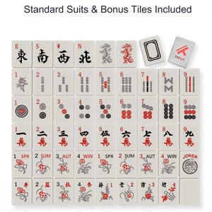 The image is a collection of tiles from a Chinese game called mahjong, which is a tile-based game with a unique layout and various tiles with different symbols and numbers.
