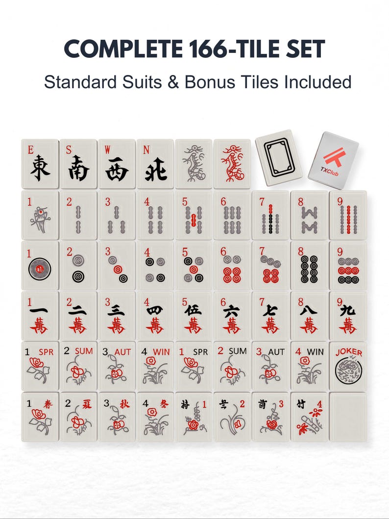 The image is a collection of tiles from a Chinese game called mahjong, which is a tile-based game with a unique layout and various tiles with different symbols and numbers.