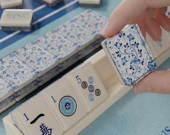 Blue Porcelain Floral Custom Resin Mahjong American Set 166 Pcs, Travel Mahjong Available, Father Day Gift for Mom