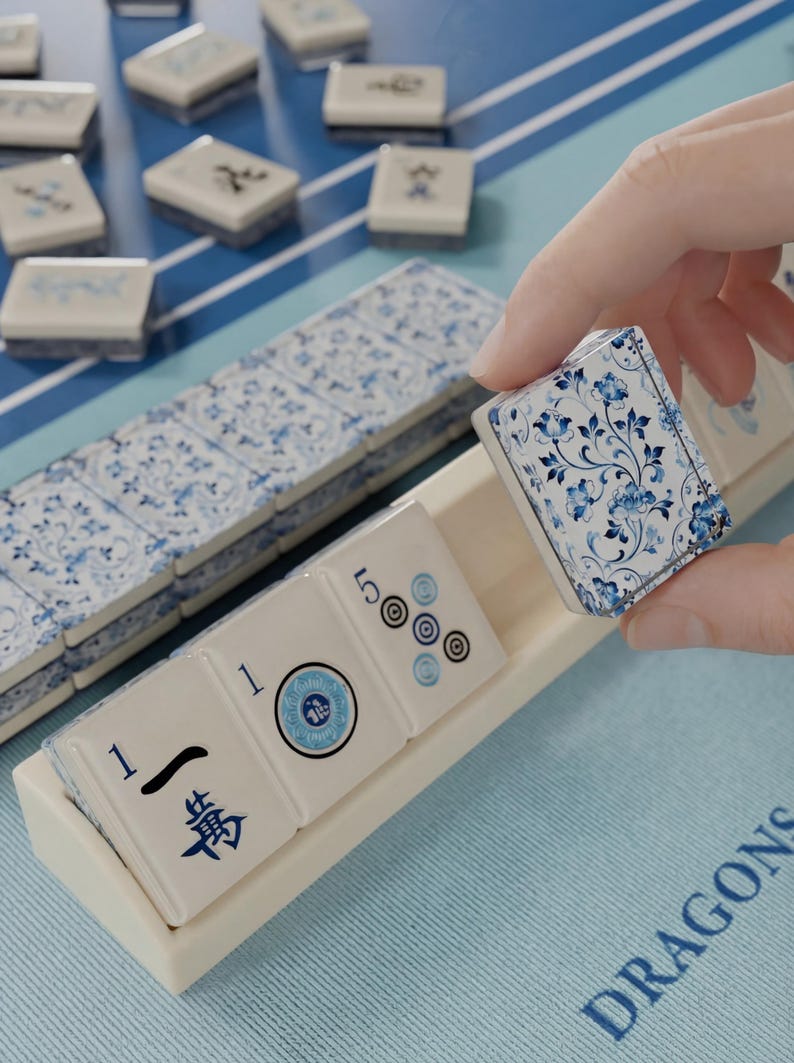 A hand is holding a blue and white tile with a floral pattern, which appears to be a game piece for mahjong. The tiles are arranged on a blue and white surface, and there are additional tiles visible in the background.