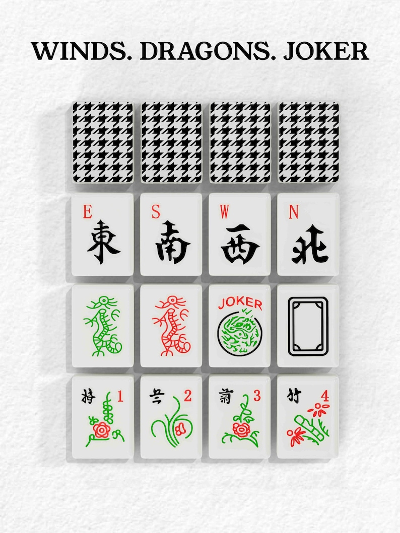a collection of Chinese-style tiles, including the words "Winds. Dragons. Joker" and various symbols and characters.