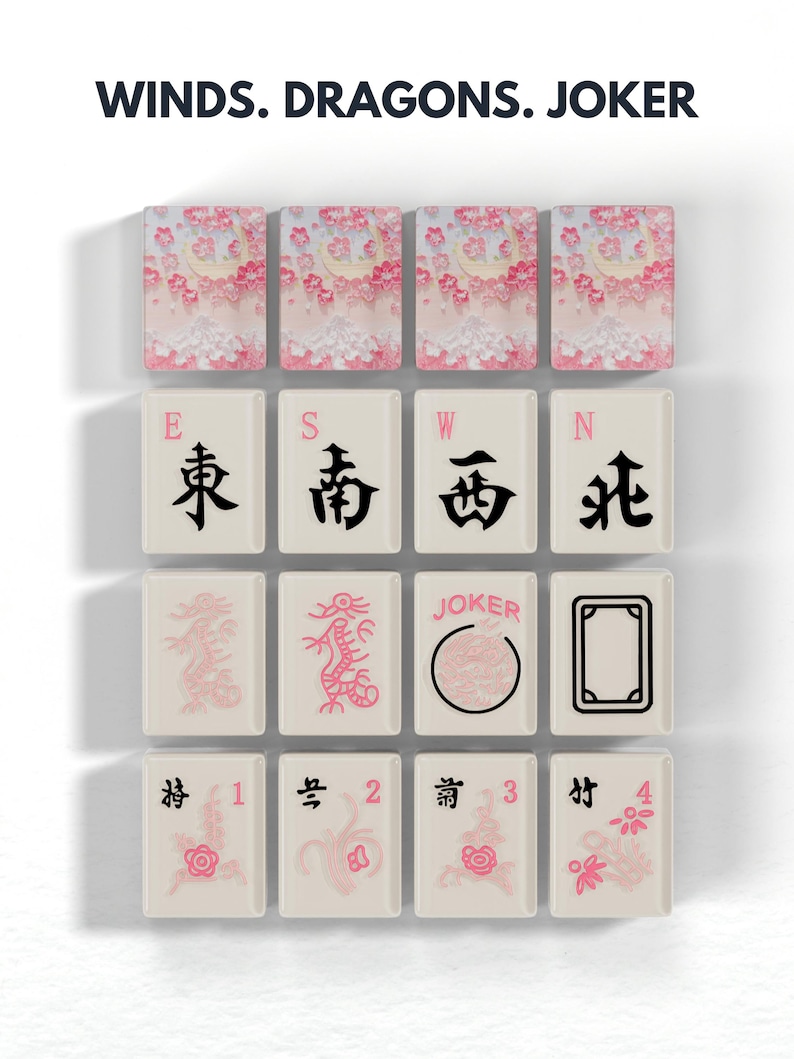 a collection of pink and white tiles with various designs and symbols, including Chinese characters, dragons, and the word "JOKER".