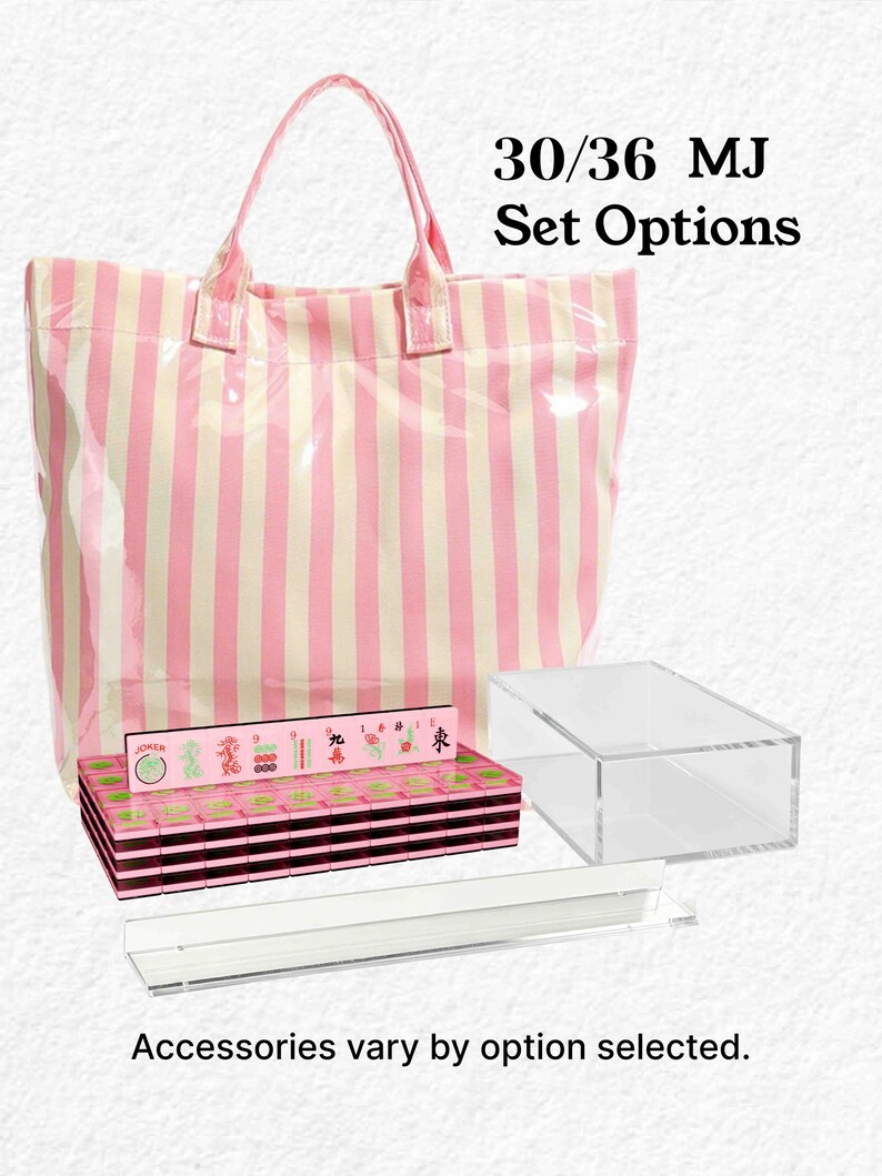 a pink and white striped tote bag, a clear plastic box, and a stack of pink and black boxes with various designs on them. The text above the image reads "30/36 MJ Set Options" and below the image, it states "Accessories vary by option selected."