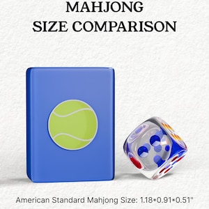 The image is a comparison of the size of a Mah Jong tile and a dice. The tile is blue and has a tennis ball design, while the dice is clear with colorful dots. The text above the image reads "MAHJONG SIZE COMPARISON" and below the image, it states "American Standard Mahjong Size: 1.18*0.91*0.51".