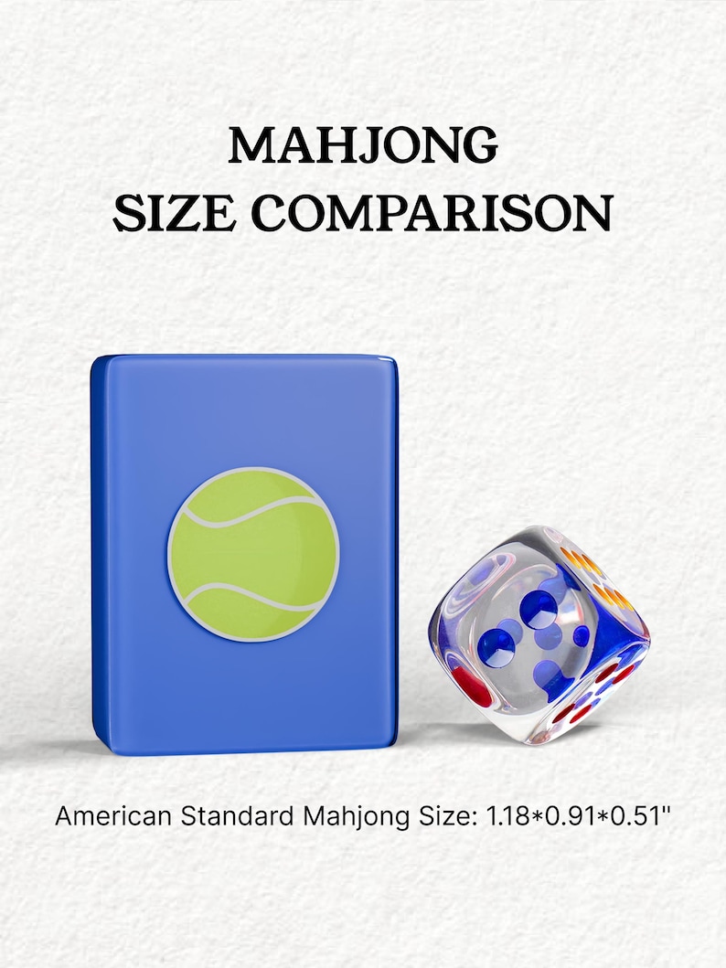 The image is a comparison of the size of a Mah Jong tile and a dice. The tile is blue and has a tennis ball design, while the dice is clear with colorful dots. The text above the image reads "MAHJONG SIZE COMPARISON" and below the image, it states "American Standard Mahjong Size: 1.18*0.91*0.51".