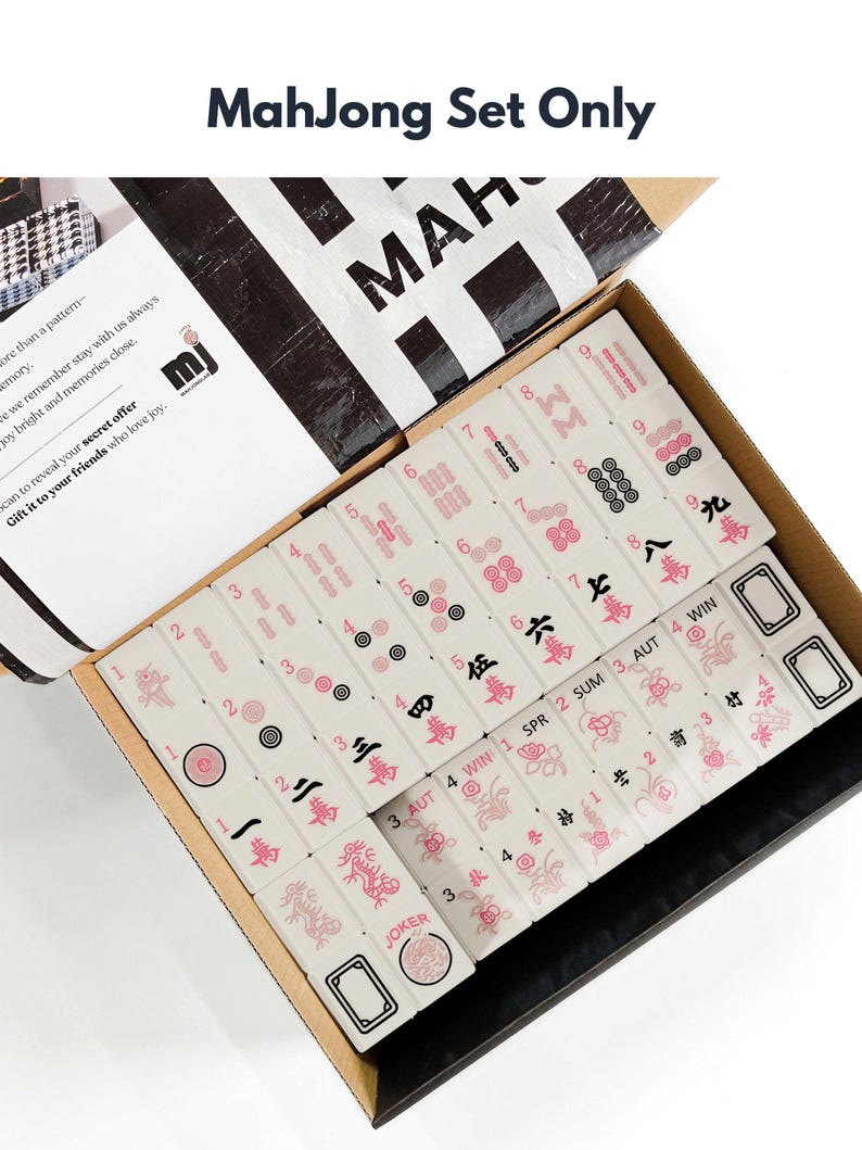 a set of mahjong tiles in an open box, with the text "Mahjong Set Only" visible.