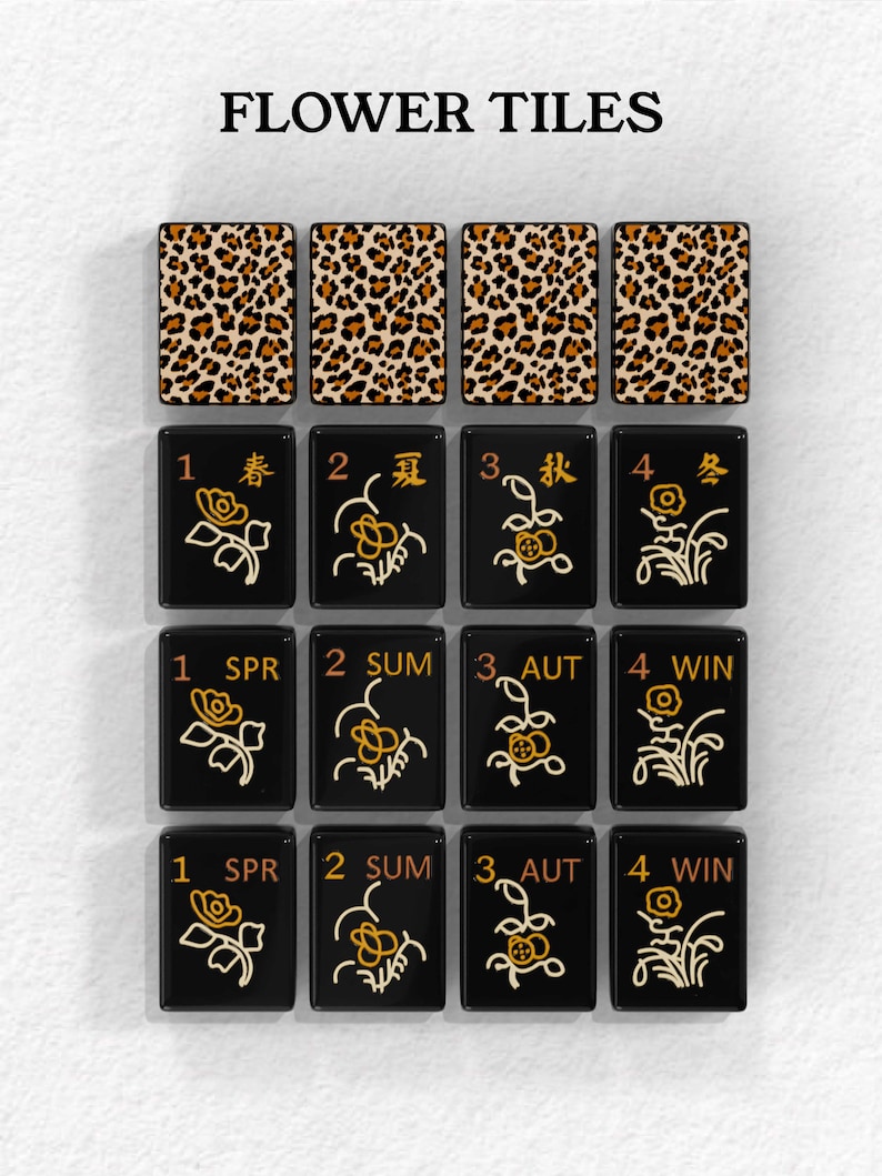 a collection of black tiles with various floral designs and numbers on them, arranged in a grid pattern.