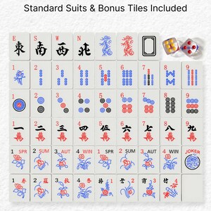 The image is a set of playing cards with various suits and tiles, including a joker, a standard suit, and a bonus tile.