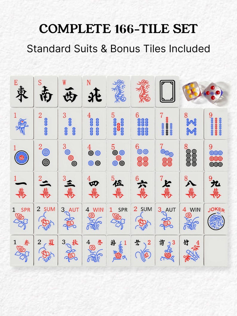 The image is a set of playing cards with various suits and tiles, including a joker, a standard suit, and a bonus tile.