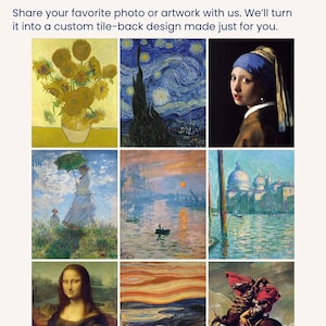 The image is a collage of various artworks, including paintings and photographs, that can be customized to create a custom tile-back design.