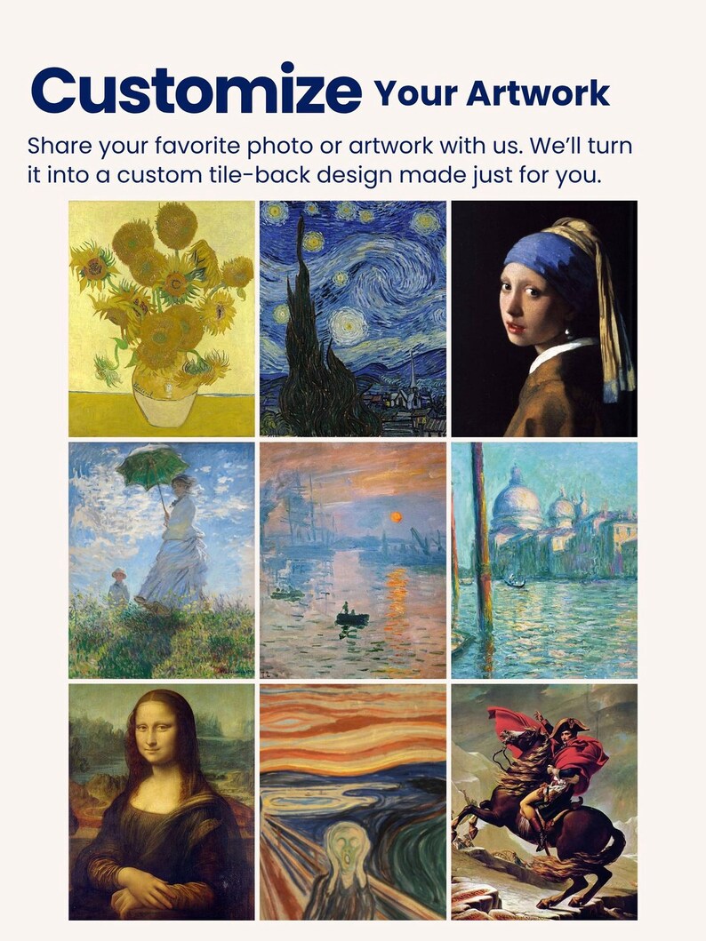 The image is a collage of various artworks, including paintings and photographs, that can be customized to create a custom tile-back design.