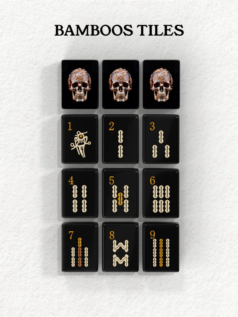 a collection of black tiles with gold designs, arranged in a grid pattern. Each tile has a unique design, including skull motifs and numbers. The tiles are arranged in a visually appealing manner, creating a striking contrast against the white background.