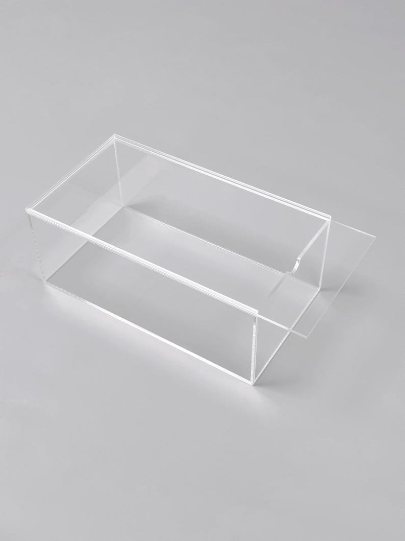 A clear, rectangular, transparent box is shown against a plain background.