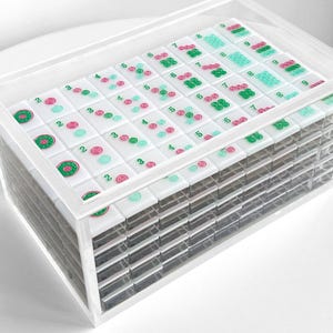 May include: A clear acrylic Mahjong set with white tiles featuring green and pink symbols and numbers. The set is neatly organized in a clear, rectangular case with a lid. The tiles are stacked in rows, ready for play.