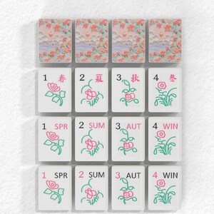 a collection of flower tiles, each with a unique design and color scheme. The tiles are arranged in a grid pattern, with each tile displaying a different floral motif. The tiles are labeled with numbers 1 through 4, indicating the order in which they appear in the grid. The image does not contain any text, and the arrangement of the tiles and their labels does not form a narrative or story.