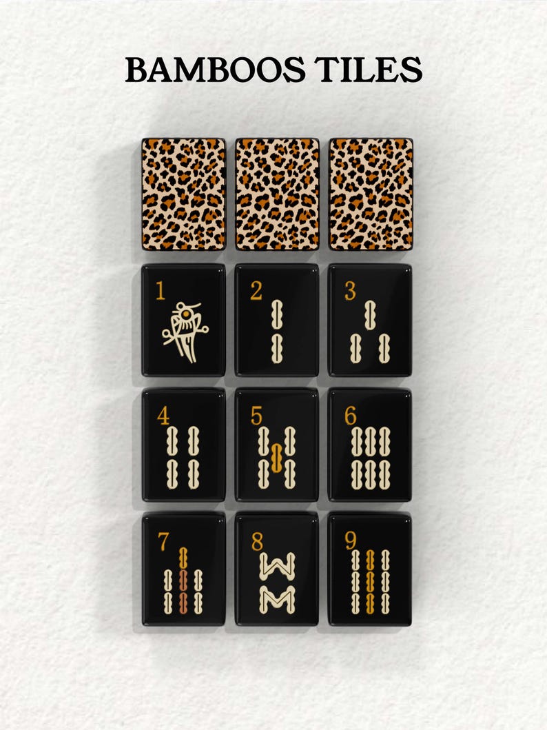 nine tiles, each with a unique design or pattern, arranged in a grid-like pattern. The tiles are black and have a leopard print or cheetah print pattern on them.