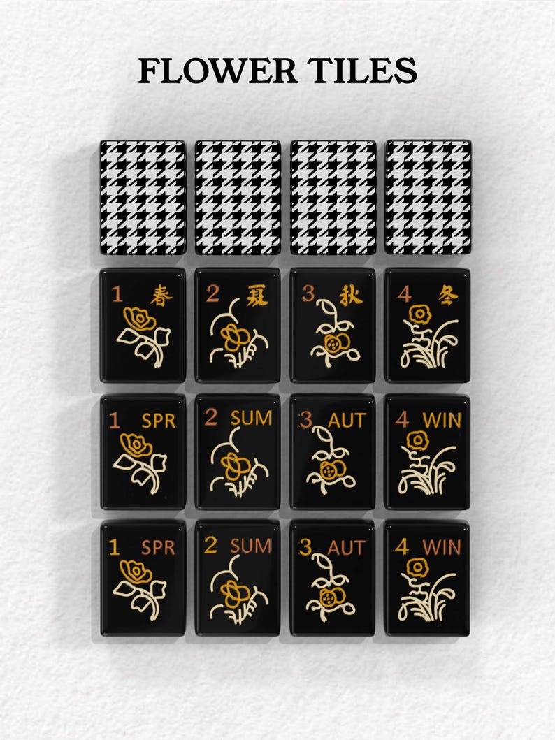 a collection of black and white tiles with floral designs, arranged in a grid pattern.