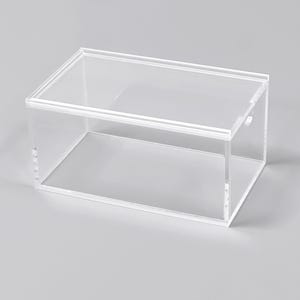 A clear, rectangular, and transparent plastic box is shown against a plain background.