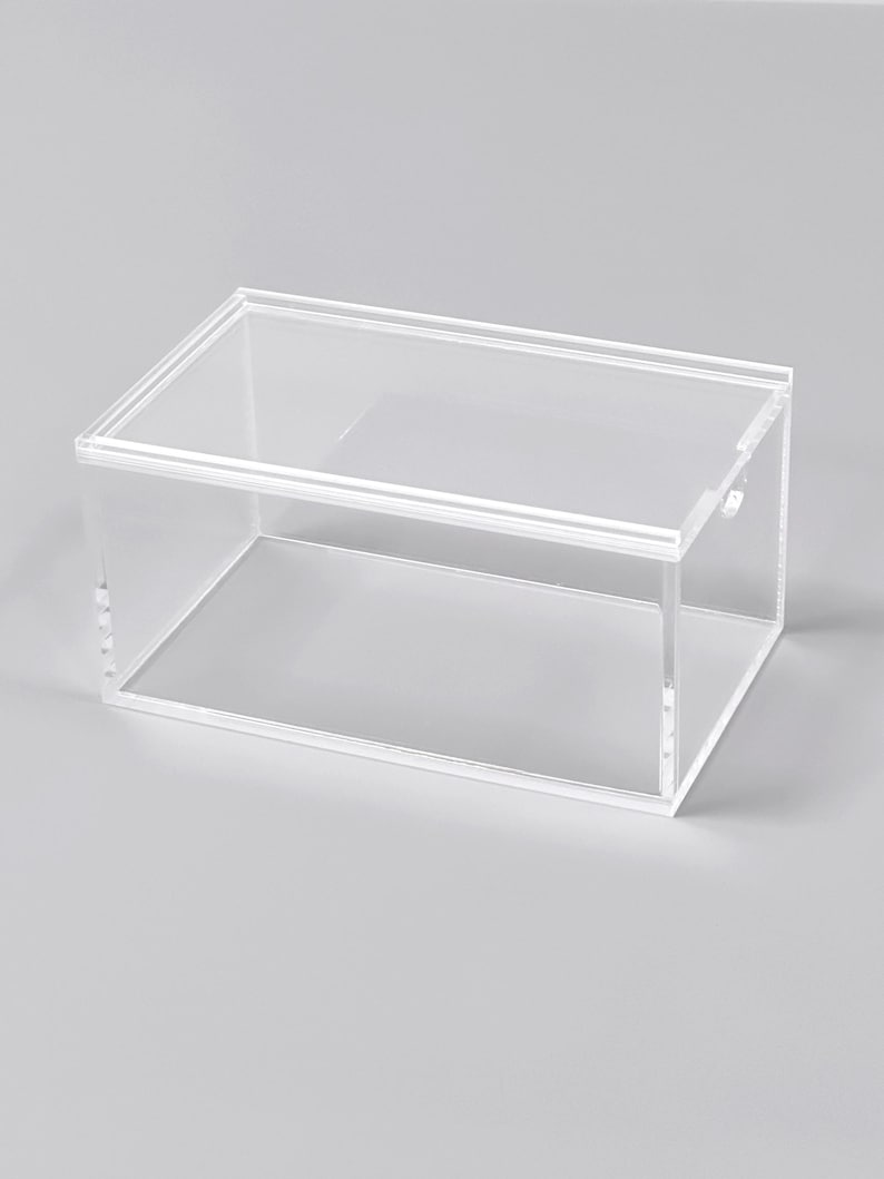 A clear, rectangular, and transparent plastic box is shown against a plain background.