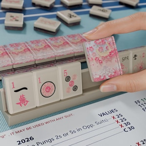 A hand is holding a pink and white tile with a floral design, while a person is holding a piece of paper with a list of values and descriptions for a game.