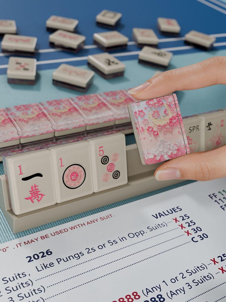 A hand is holding a pink and white tile with a floral design, while a person is holding a piece of paper with a list of values and descriptions for a game.