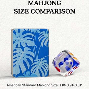The image is a comparison of the size of a Mah Jong tile and a dice, with the tile being described as "American Standard Mahjong Size: 1.18*0.91*0.51" and the dice being described as "Mahjong Size: 1.18*0.91*0.51".