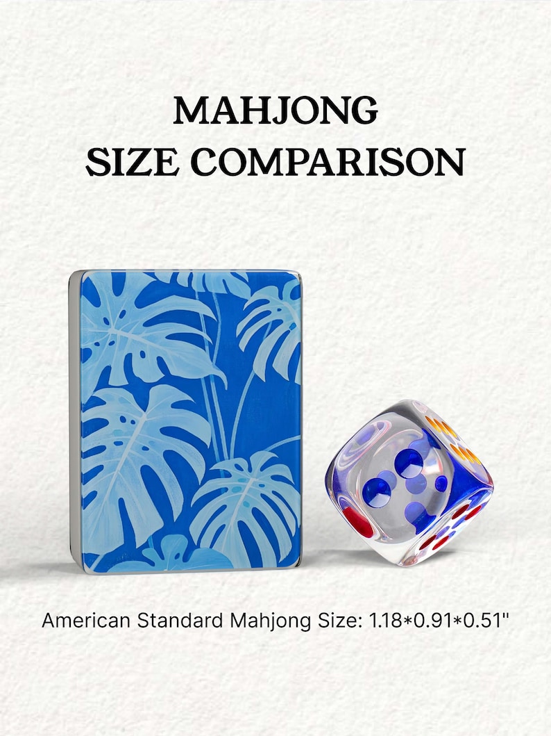 The image is a comparison of the size of a Mah Jong tile and a dice, with the tile being described as "American Standard Mahjong Size: 1.18*0.91*0.51" and the dice being described as "Mahjong Size: 1.18*0.91*0.51".