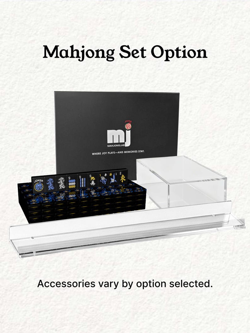 a set of mahjong tiles and a clear plastic display case, with the text "Mahjong Set Option" and "Accessories vary by option selected."