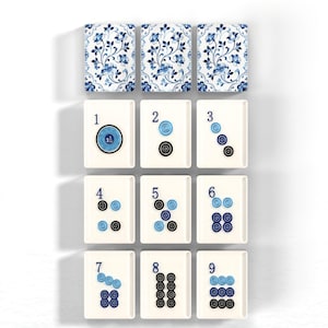 The image is a collage of nine images, each depicting a different arrangement of dots and tiles. The images show various combinations of blue and white dots and tiles, with numbers and shapes incorporated into the designs.