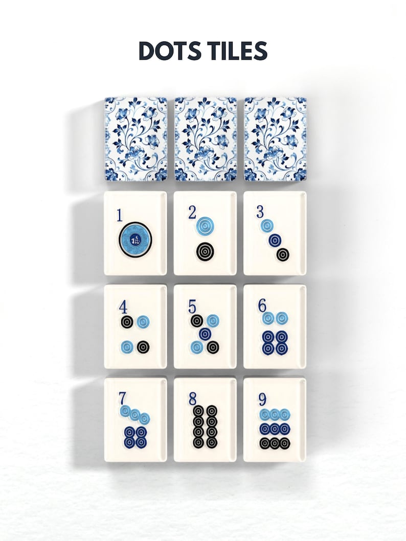 The image is a collage of nine images, each depicting a different arrangement of dots and tiles. The images show various combinations of blue and white dots and tiles, with numbers and shapes incorporated into the designs.