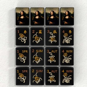 The image is a collage of 12 images, each depicting a different flower tile with a woman's portrait. The tiles are arranged in a grid pattern, with each tile featuring a different flower design and the woman's portrait. The tiles are labeled with numbers 1 through 4, which seem to correspond to the rows or columns of the grid.