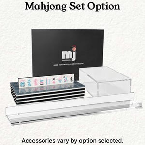 a set of mahjong tiles and accessories, including a black box with the text "Mahjong Set Option" and a clear plastic case. The accessories vary by option selected, as indicated by the text at the bottom of the image.