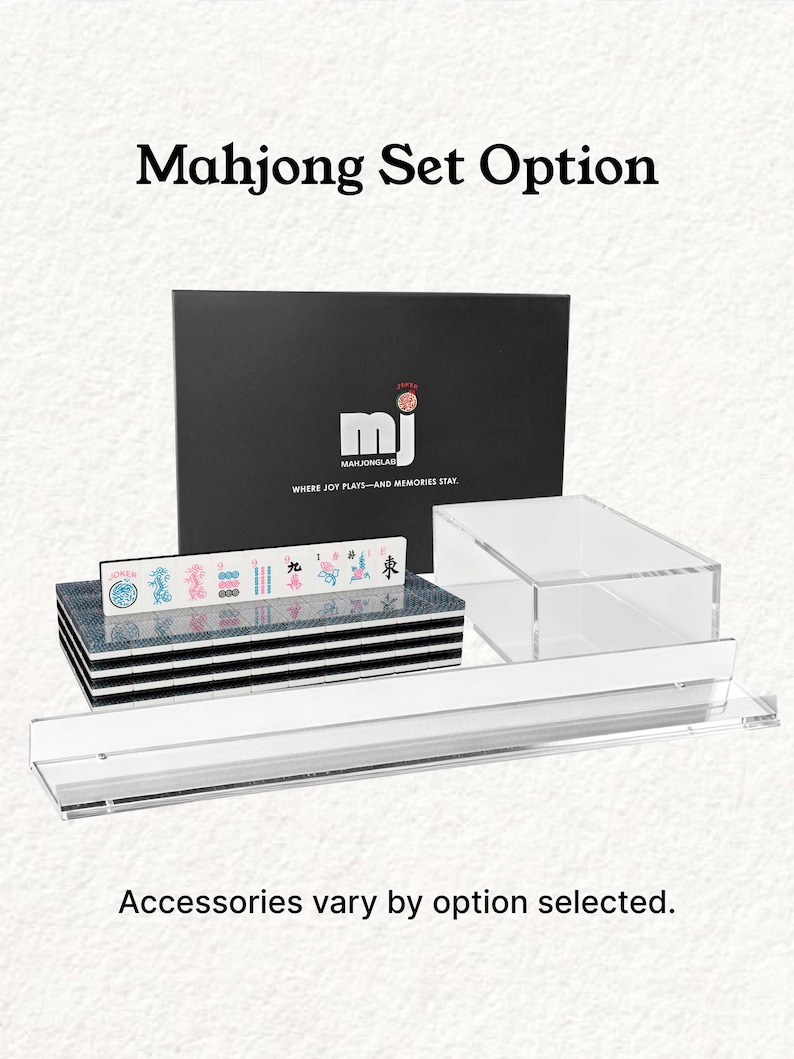 a set of mahjong tiles and accessories, including a black box with the text "Mahjong Set Option" and a clear plastic case. The accessories vary by option selected, as indicated by the text at the bottom of the image.