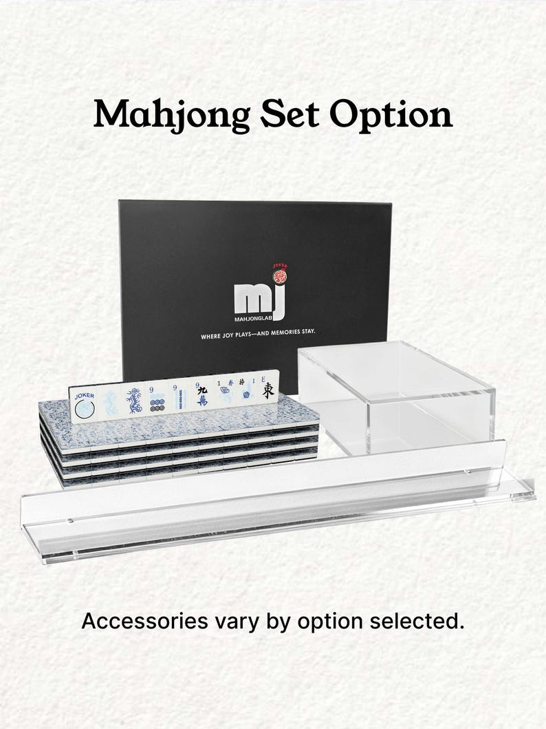 a set of Mah Jong tiles and a black box with the text "Mahjong Set Option" on it. The text indicates that the set is available in various options, and the image shows a clear plastic shelf with the tiles and a black box with the same text.
