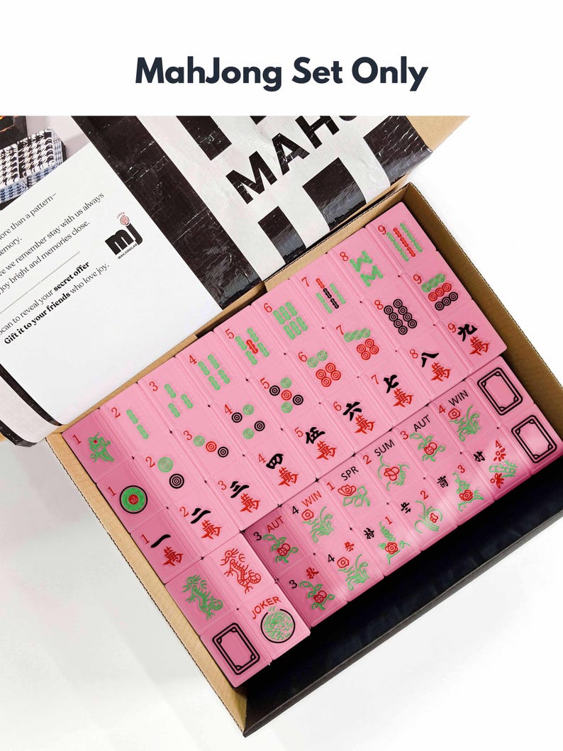 a set of pink mahjong tiles arranged in a box, with the text "Mahjong Set Only" visible.
