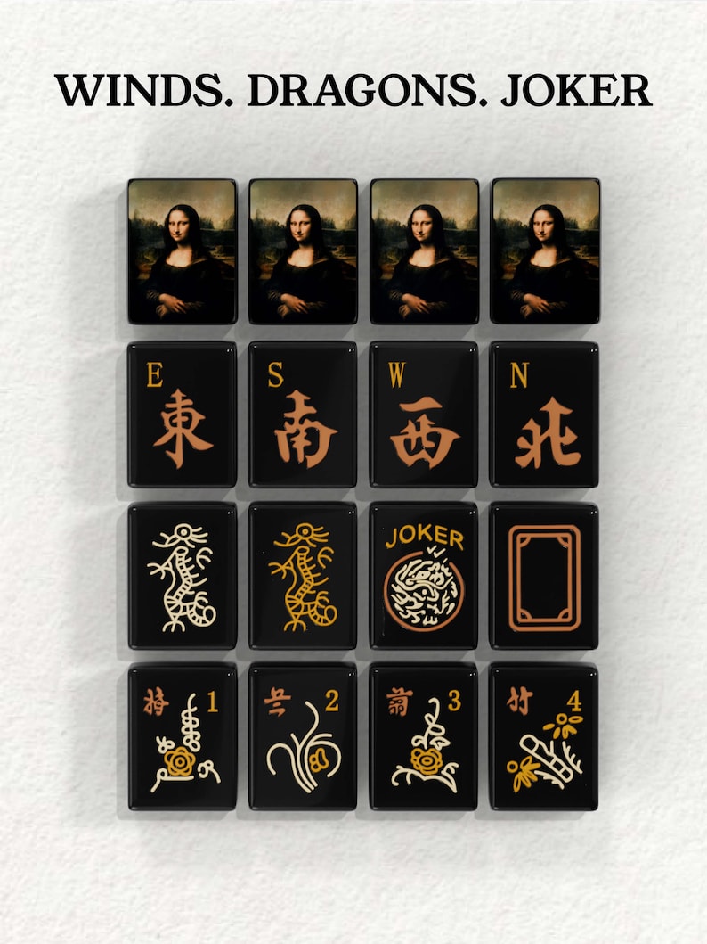 The image is a collage of various images, including portraits of famous paintings, dragon and joker symbols, and playing cards.