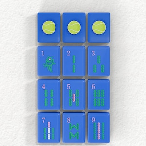a grid of blue tiles with various designs and numbers on them, arranged in a 3x3 grid.