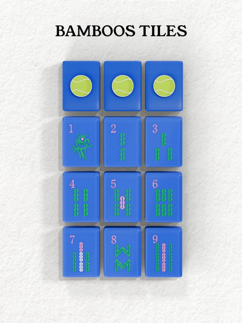 a grid of blue tiles with various designs and numbers on them, arranged in a 3x3 grid.