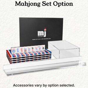 a set of Mah Jong tiles and a clear glass display case, with the text "Mahjong Set Option" and "Accessories vary by option selected."