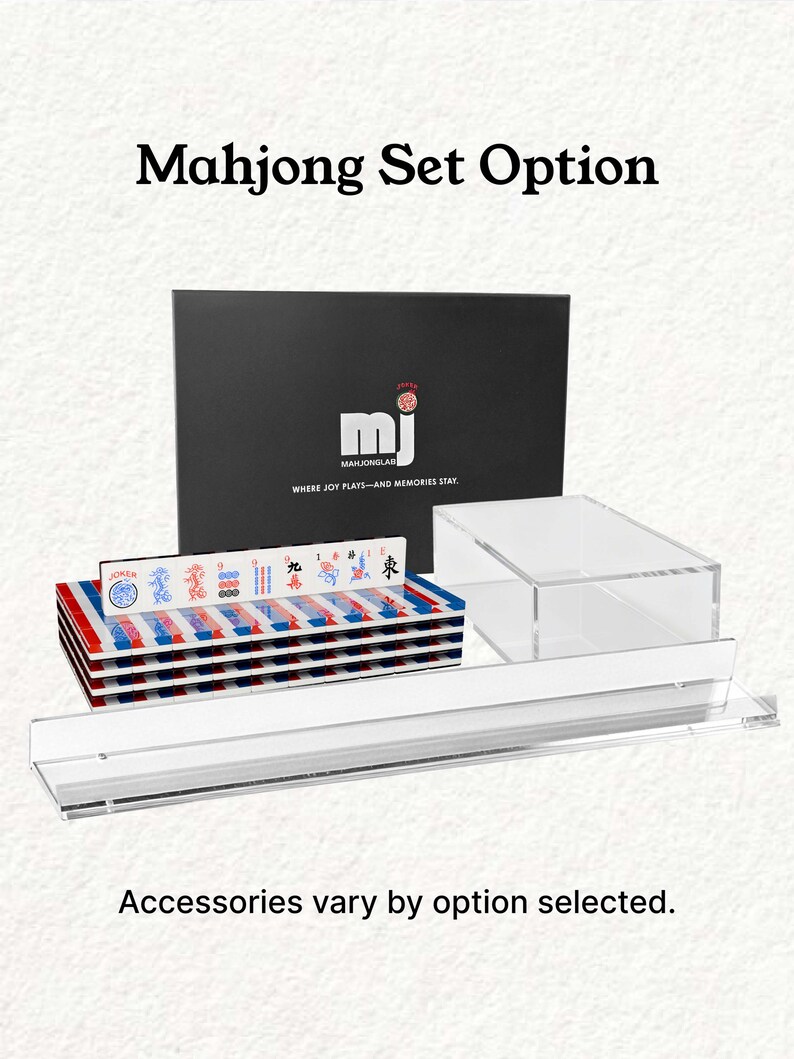 a set of Mah Jong tiles and a clear glass display case, with the text "Mahjong Set Option" and "Accessories vary by option selected."