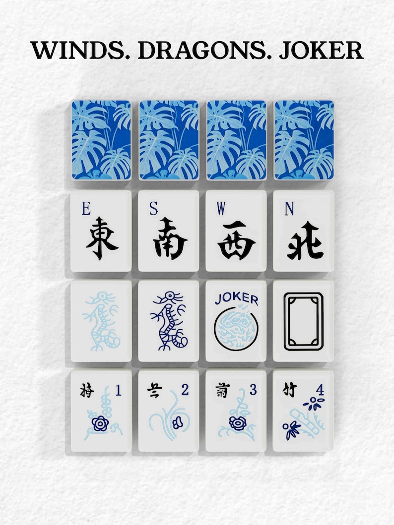 a collection of playing cards with various designs and symbols, including the words "Winds. Dragons. Joker" and the numbers 1-4.