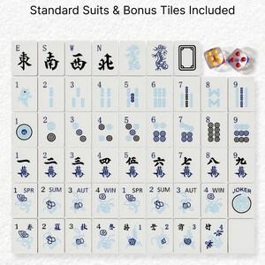 The image is a set of Chinese tiles for playing mahjong, which includes standard suits and bonus tiles.