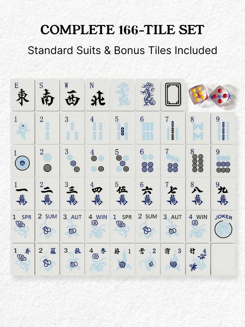 The image is a set of Chinese tiles for playing mahjong, which includes standard suits and bonus tiles.