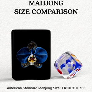 The image is a comparison of the size of a Mah Jong tile and a dice, with the tile being larger than the dice.