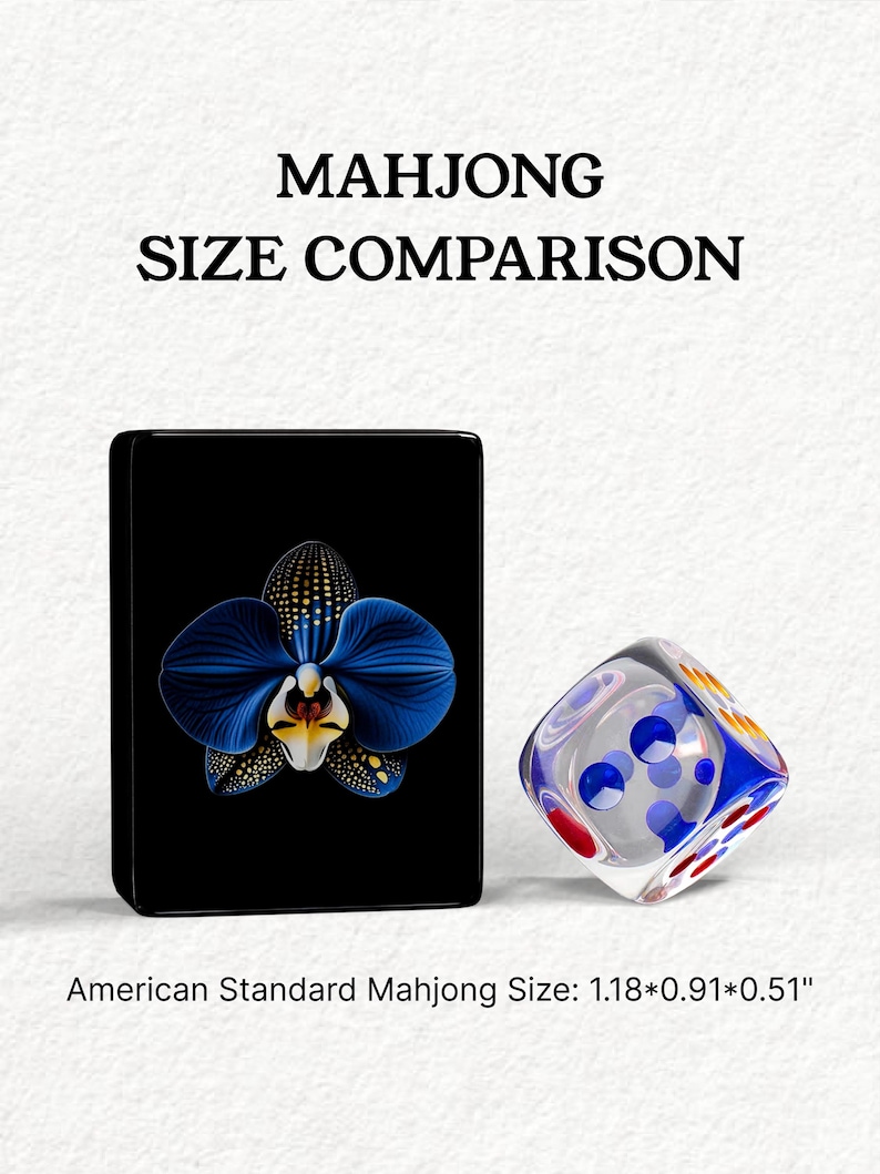 The image is a comparison of the size of a Mah Jong tile and a dice, with the tile being larger than the dice.
