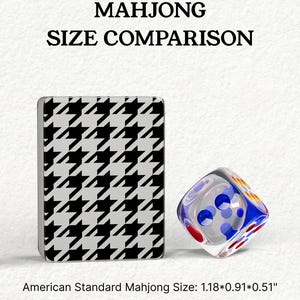 The image is a comparison of the size of a Mah Jongg card and a dice, with the card being larger than the dice.