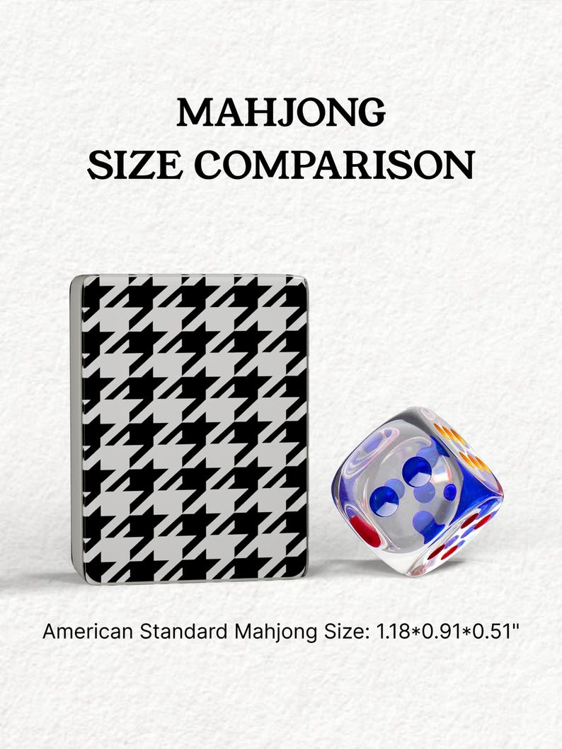 The image is a comparison of the size of a Mah Jongg card and a dice, with the card being larger than the dice.