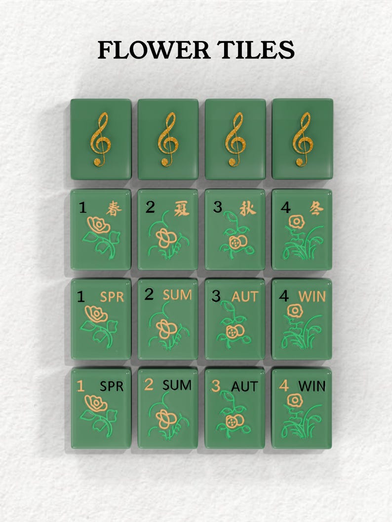 a collection of green tiles with musical notes and flowers on them, arranged in a grid pattern.